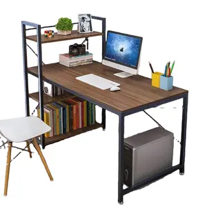 Steel Frame Wooden Home Office Table with 4 Tier DIY Storage ShelvesStudy Table Workstation for Home