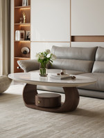 Nouvelle table basse en bois massif, design minimaliste moderne, plateau en dalle de pierre ovale, rangement intégré, luxe discret pour salon