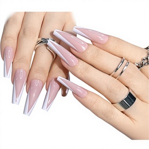 <span class=keywords><strong>Uñas</strong></span> postizas al por mayor, largas, estilo ataúd, con base de gel nude transparente, puntas francesas blancas en V, set de <span class=keywords><strong>uñas</strong></span> postizas de cobertura completa. - Product Image 1