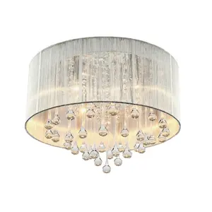 Wholesale Customized Silver Crystal Raindrop Beaded Fabric Drum Hotel Living Room Project Lamps Hanging Crystal Chandelier