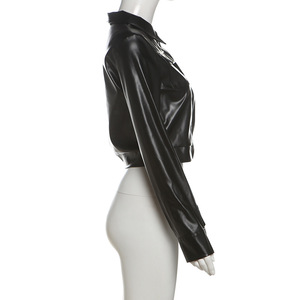 2024 Otoño Invierno nuevo estilo de cuero Sexy motocicleta chica caliente chaqueta delgada con cremallera abrigo Color sólido pantalones cortos de cintura alta para mujeres - Product Image 3