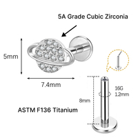 JiaXin ASTM-F136 Piercing Corporal de Titanio Sin Rosca con Parte Trasera Plana, Tipo Labret, Medusa, Concha, Lóbulo, Flor, Circonita Cúbica, 16G