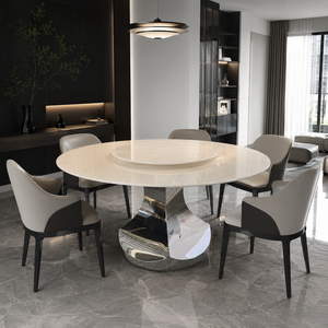 Table à manger personnalisée, plateau rond, style moderne, villa, 8 places, pieds en métal, meubles en pierre, luxe, marbre blanc jade royal - Product Image 3
