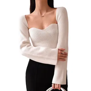 Useful side fork knitted women's sweater square neck long sleeve sexy sweater fashion new sweater