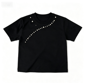 เสื้อยืดแขนสั้นสีดำสำหรับผู้ชาย ประดับมุกและคริสตัล ทรงลำลอง ผ้าฝ้ายแท้ สีพื้น เสื้อโปโลแขนสั้นสำหรับผู้ชาย - Product Image 1