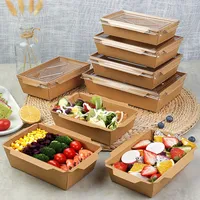 Boîtes à repas jetables en papier kraft brun anti-graisse et imperméables avec couvercle transparent – Offre spéciale