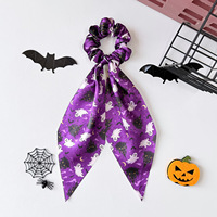 Nouveau serre-tête Halloween avec un imprimé fantaisie citrouille en satin pour filles, doté d'un grand nœud à l'arrière de la queue de cheval.