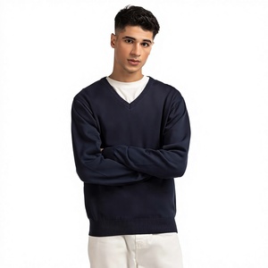 Pull en tricot à col en V pour homme, bleu marine, manches longues, couleur unie, style automne, coupe classique - Product Image 1