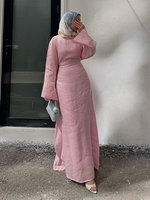 Abaya de luxe OEM Dubaï 100% lin, robe musulmane modeste pour femme, abaya élégante sur mesure en crêpe doux avec jupe portefeuille