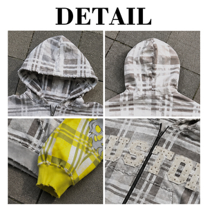 เสื้อฮู้ดดี้ผู้ชายผ้าเฟรนช์เทอร์รี่ 420 GSM แบบสั่งทำพิเศษ สีบล็อก ผ้าฟลานเนล ซิปหน้า ทรงหลวม ไหล่ตก ลายตารางหมากรุก ปักลาย - Product Image 6