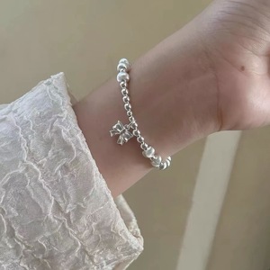 Bracelet en argent Sterling S925 pour femmes, avec breloque en forme de nœud, perle, bande élastique, bijoux cadeau - Product Image 2