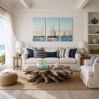 Triptyque mural Paysage marin avec voilier, Impression sur toile Heure dorée Océan, Photographie nautique côtière, Décoration eau bleue ensoleillée