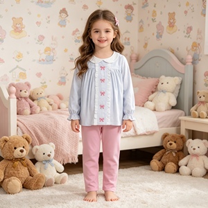 GLP2909 rts Conjunto de ropa infantil para niña, con lazos azules a rayas y bordados, para otoño, venta al por mayor. - Product Image 1