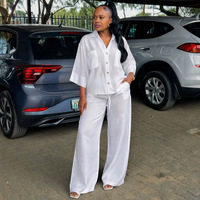 Ensemble deux pièces pour femmes africaines, grande taille, coupe décontractée, chemisier blanc, manches trois-quarts, revers crantés, boutons, décontracté
