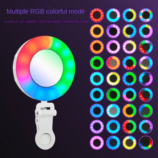 Phone-clip RGB Fill light Multi-color Ring Light Adjustable Color Temperature 2700K6500K Makeup Mirror Wireless Control Portable