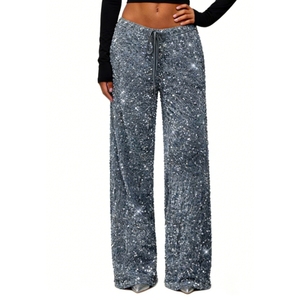 Pantalon large en velours à sequins pour femme - Pantalon de soirée à nouer à la taille - Tendance - Product Image 5