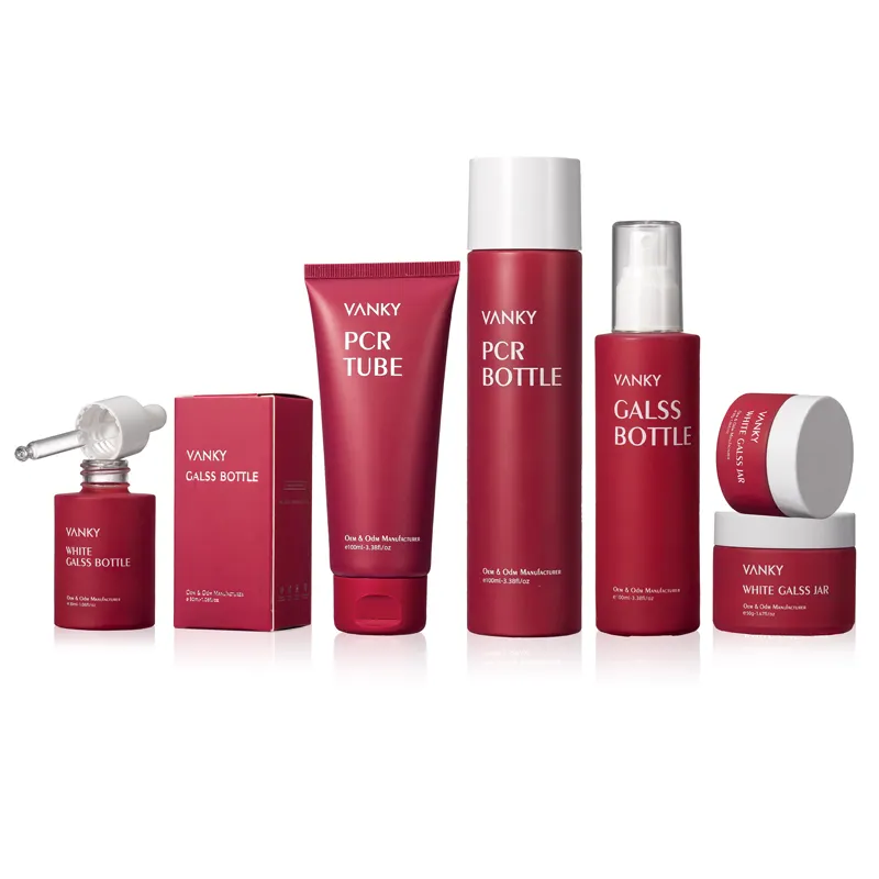 Customized Luxury Red Plastic Glass Skin Care Set Cosmetic Set 50g Cream Jar 100ml 200ml Lotion Bottle 50ml Dropper Bottle