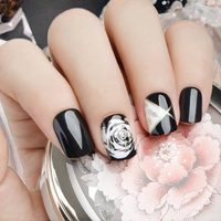 Fengshangmei Faux ongles en ABS à fleurs de rose en pleine floraison, couverture complète, colle pour les doigts, faux ongles artificiels, design pré-conçu