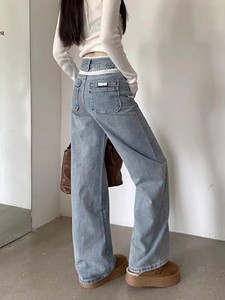 Jeans de Mezclilla <span class=keywords><strong>para</strong></span> <span class=keywords><strong>Mujer</strong></span>, Diseño Nuevo con Lazo, Cintura Alta, Color Sólido, Otoño/Invierno, Pierna Recta Ancha, Pantalones Holgados - Product Image 4