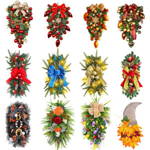 Christmas decorations, Christmas wreaths, rattan door curtains, <b>LED</b> illuminated staircase upside-down decorative door hangings - Product Image 1