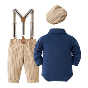 Catpapa Vente en gros Ensemble pour tout-petit garçon : Barboteuse unie, <span class=keywords><strong>Pantalon</strong></span> à bretelles rayé kaki, Nœud papillon et Chapeau - Product Image 2