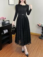 Nouvelle Robe Longue Plissée Miyake pour Femme, en Dentelle Tissée avec Perles et Volants, Manches Longues, Coupe Trapèze, Col en V, Formelle et Lavable