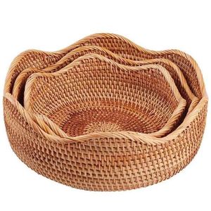 Natural Handwoven Wavy Rim Rattan Tray Set of 3 Round Decorative Basket for Bread <b>Fruit</b> and Home Kitchen <b>Storage</b> - Product Image 2