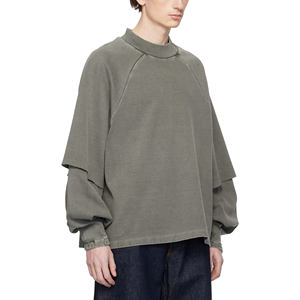 T-shirt da <span class=keywords><strong>uomo</strong></span> in jersey di cotone a maniche lunghe raglan, <span class=keywords><strong>plissettata</strong></span> a strati, lavata effetto vintage, oversize, casual, stile streetwear, all'ingrosso - Product Image 2