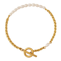 Pulsera de Acero de Titanio Inoxidable con Baño de Oro de 18K y Perlas de Agua Dulce, Cierre OT, Joyería de Moda para Mujer