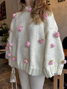 Maglione da <span class=keywords><strong>donna</strong></span> Pullover lavorato <span class=keywords><strong>a</strong></span> maglia oversize <span class=keywords><strong>a</strong></span> maglia <span class=keywords><strong>a</strong></span> forma di fiore con ricamo <span class=keywords><strong>a</strong></span> maniche lunghe Plus Size - Product Image 4