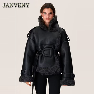 JANVENY 2025 nouveau hiver Patchwork Pu cuir veste avec <span class=keywords><strong>ceinture</strong></span> femmes col montant épaulette épaissir décontracté en peluche noir manteau - Product Image 4