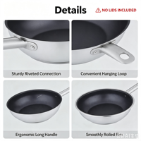 Batterie de cuisine professionnelle 3 pièces en acier inoxydable, compatible induction, fond capsule, base épaisse, poignée anti-chaleur, style américain
