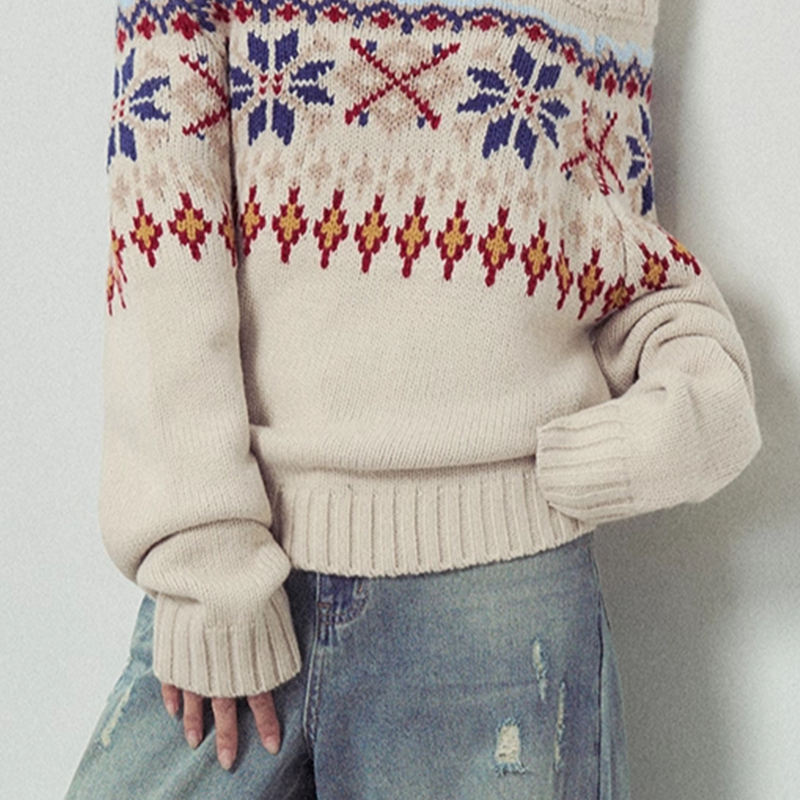 Retro Jacquard Print Computer Knitted Chunky Knit Off-the-Shoulder ...