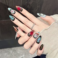 Faux Ongles à Presser pour Femme, Noir et Rouge, Longs, Forme Amande, avec Breloques 3D Cœur, Œil et Paillettes, pour Style Y2K Gothique Pop