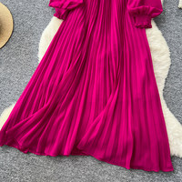 Robe décontractée élégante pour femme WIWT, col en V, manches longues bouffantes, plissée, coupe trapèze, avec décoration florale à la taille, pour tous les jours et les soirées