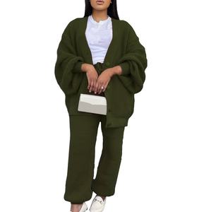 Viviblook Z1230ST06 Ensemble deux pièces pour femmes, tricot décontracté, pull décontracté, cardigan ample à col en V, haut, pantalon, taille plus - Product Image 4