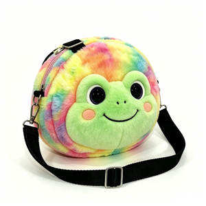 Sac bandoulière en peluche sur le thème de la grenouille de dessin animé, Sac à main en peluche grenouille coloré, Sac à bandoulière mignon en peluche avec visage de grenouille 3D rond - Product Image 1