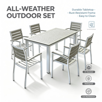Ensemble de salle à manger d'extérieur 7 pièces : 1 table, 6 chaises empilables en aluminium, table aspect bois avec trou pour parasol, mobilier de jardin
