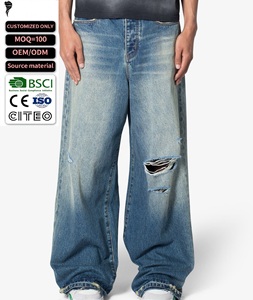 <b>Men</b> Fasion Brand Design Customized Distressted Washed Ripped <b>Men</b> Baggy Rave Denim <b>Jeans</b> OEM Custom Logo - Product Image 1