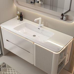 Mueble de Baño Moderno de Madera Contrachapada Lacada con Lavabo de Cerámica Empotrado sin Costuras y Gabinete con Espejo Inteligente LED para Renovación del Hogar - Product Image 3