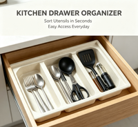 Plateau de rangement pour couverts de cuisine réglable en fibre de coque de riz personnalisable, organisateur d'ustensiles extensible à 2 ou 3 compartiments