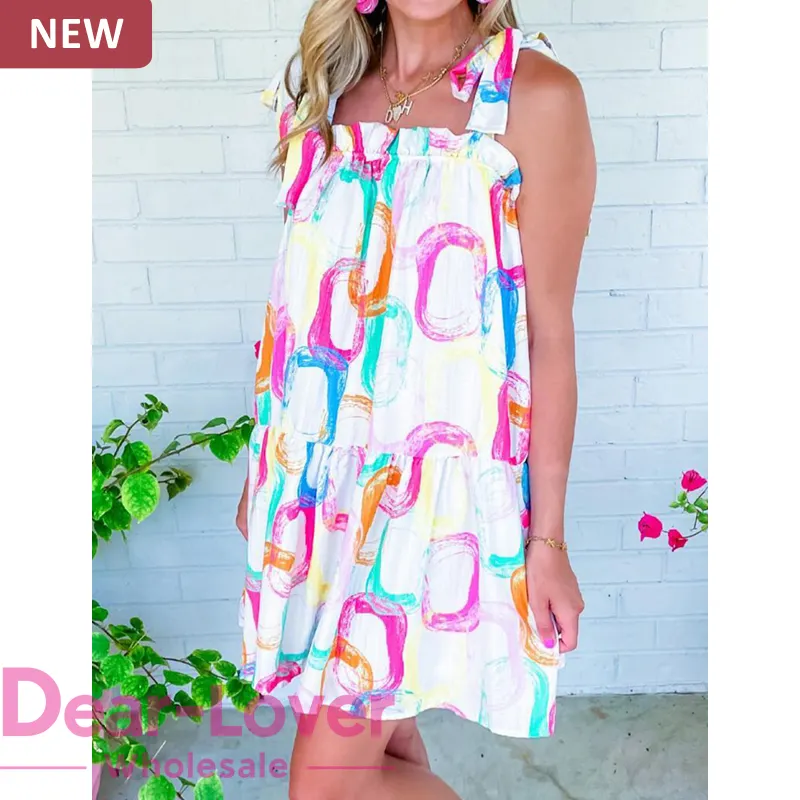 Thân Yêu-người yêu bán buôn 2024 Boho quần áo mùa hè phụ nữ thời trang Dễ Thương Hoa V cổ tầng Ruffle ngắn mini Bohemian Boho Dress