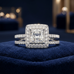 Anillo de Compromiso Minimalista con Halo Cuadrado de Diamante Cultivado en Laboratorio con Corte Princesa, Certificado por IGI, en Oro de 10K, 14K, 18K, Plata 925, 935 - Product Image 1