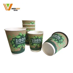 Taza de café de papel de doble pared impresa con logotipo para bebidas calientes Kraft 400 Ml 16 Oz taza de papel hecha de cartón artesanal desechable