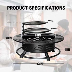 Panovue 42-Zoll Feuerstelle mit 2 Grillrosten, pulverbeschichtete Eisenkonstruktion, Holzofen-BBQ-Grill, inklusive Abdeckung und Deckel aus Eisen - Product Image 6
