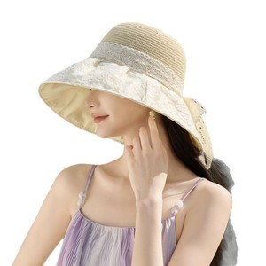 Lace Bow <b>Straw</b> <b>Hat</b> For Women Beige Sun Protection Summer Outing Bucket <b>Hat</b> - Product Image 5