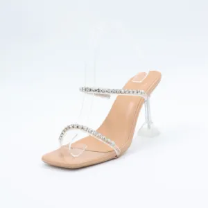 Sandalias de correa de cuero con diamantes de imitación para damas con tacón de aguja transparente Sandalias de tacón alto de cristal con punta abierta de moda sexy Logotipo personalizado