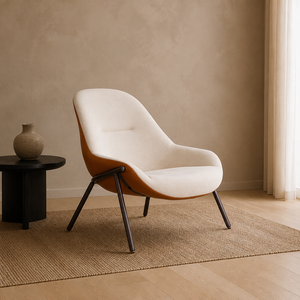 Sillón Boucle con Respaldo Redondeado, Sillón Blanco con Patas de Madera, Estilo Mid-Century para Sala de Estar, Dormitorio u Hotel - Product Image 1