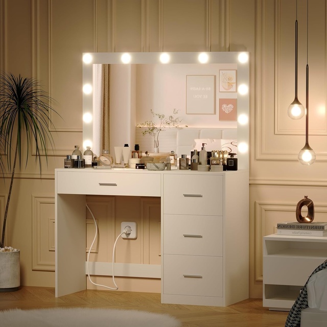 Modern Makeup Vanity Table with LED Lighted Mirror, 3 Color Lighting Modes Dressing Table, Storage Vanity Desk for Bedroom