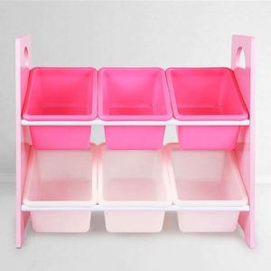 Kids Playroom Store Toys <b>Pink</b> Natural Wood Durable Toy Storage Organizer With 6 Removable Plastic Bins - Product Image 3